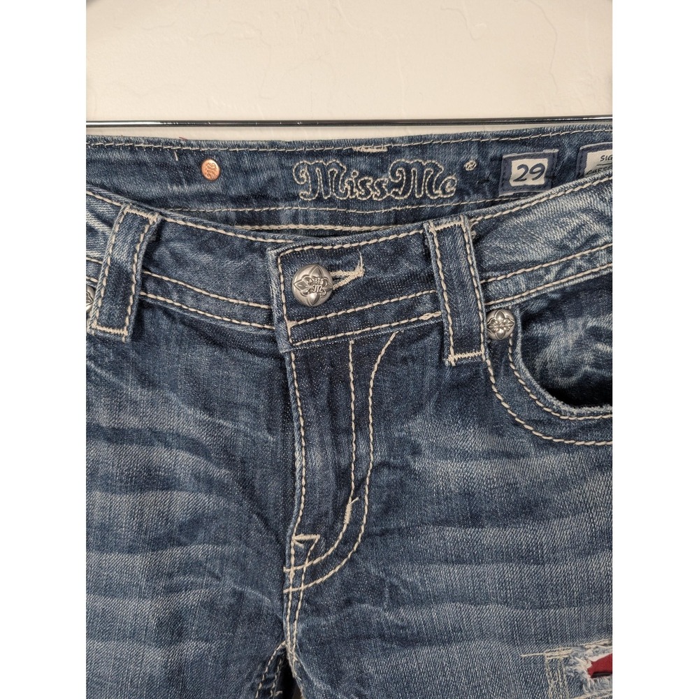 Miss Me Distressed Skinny Jeans in Dark Blue with Red Patch Accents - Picture 5 of 16